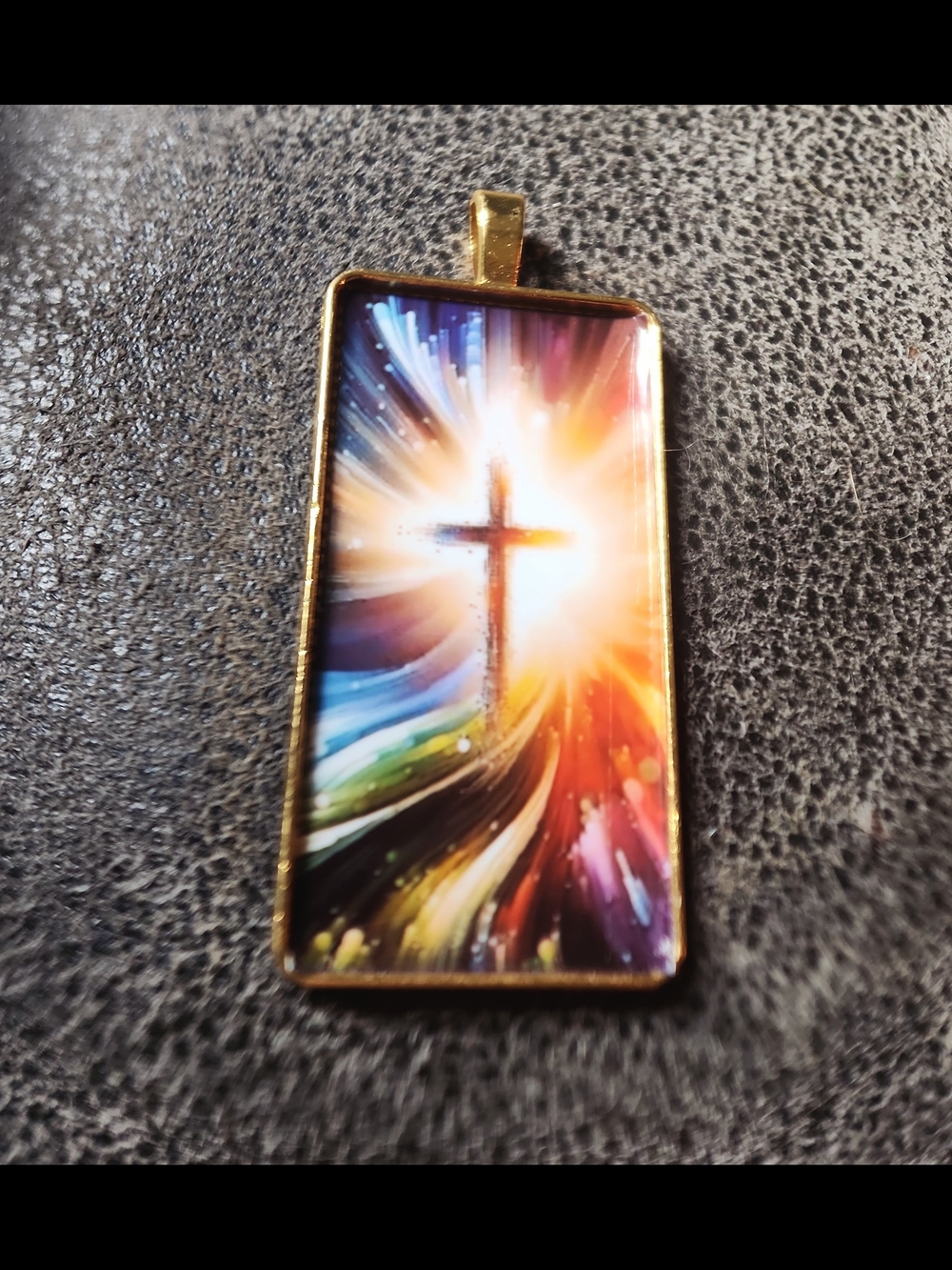 Gold Rectangular Cross Pendant Necklace - Multicolor Burst Design